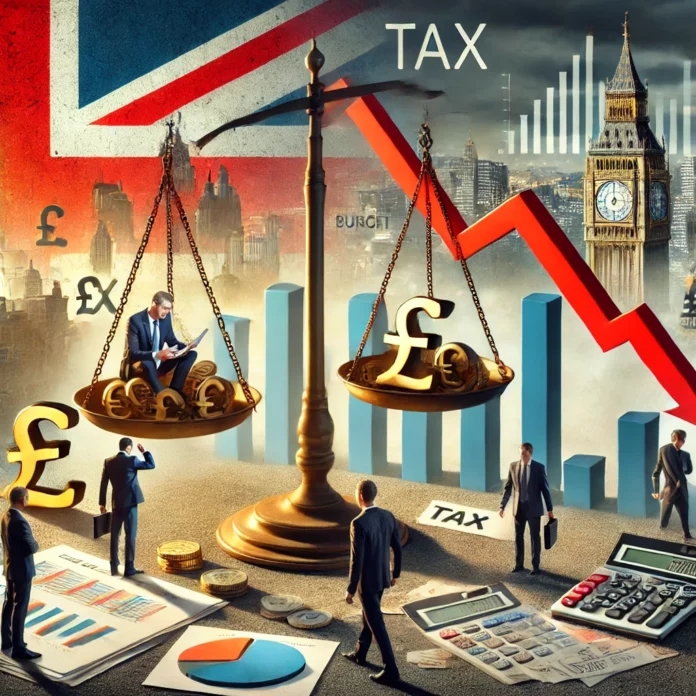 British business confidence declines due to tax concerns, with graphs showing falling investment and tax burden symbols.