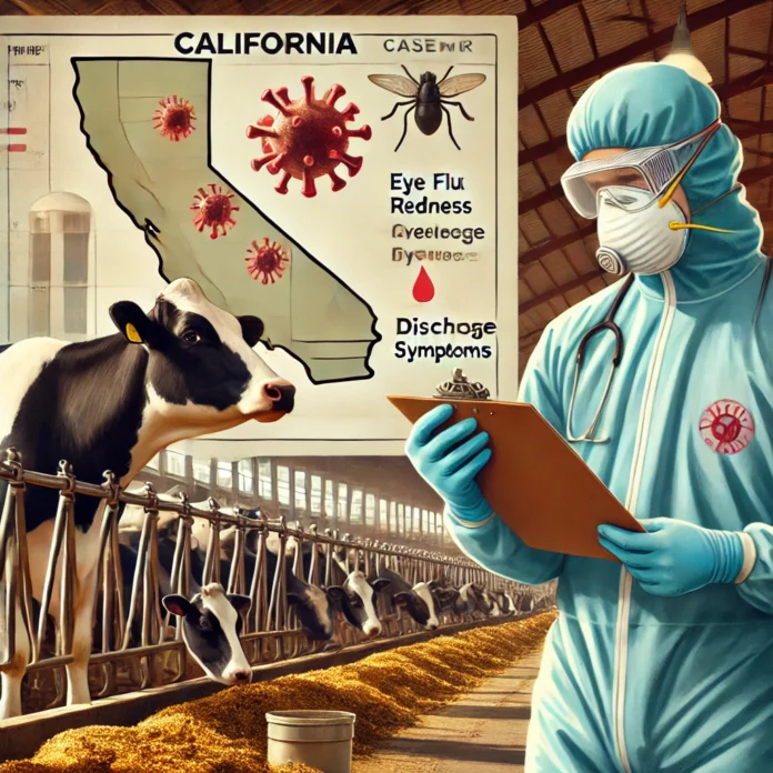 Worker in protective gear inspecting cattle on a dairy farm during a bird flu outbreak, with a chart in the background showing bird flu cases in California. The image highlights safety precautions and mild symptoms like eye redness and discharge.