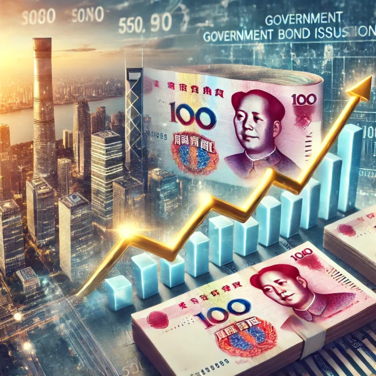 The generated image represents China's economic stimulus efforts, featuring Chinese yuan, a rising graph indicating economic recovery, and a backdrop of modern skyscrapers.