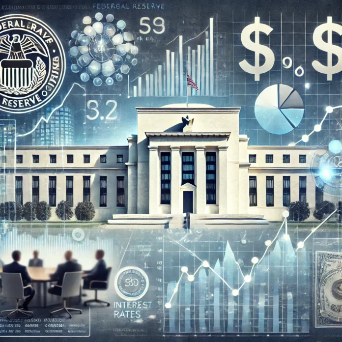 The image created visually represents U.S. monetary policy and Federal Reserve interest rate decisions, with symbols like the Federal Reserve building and a graph depicting fluctuating interest rates.