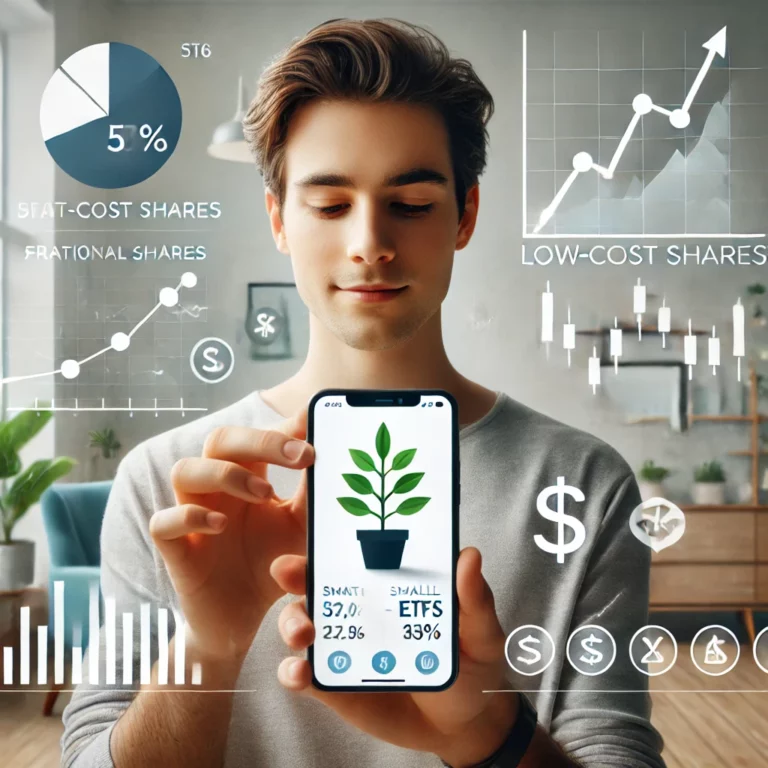 A beginner investor checking a financial app on a smartphone, showing small investments in fractional shares and low-cost ETFs, with charts and growth symbols around.