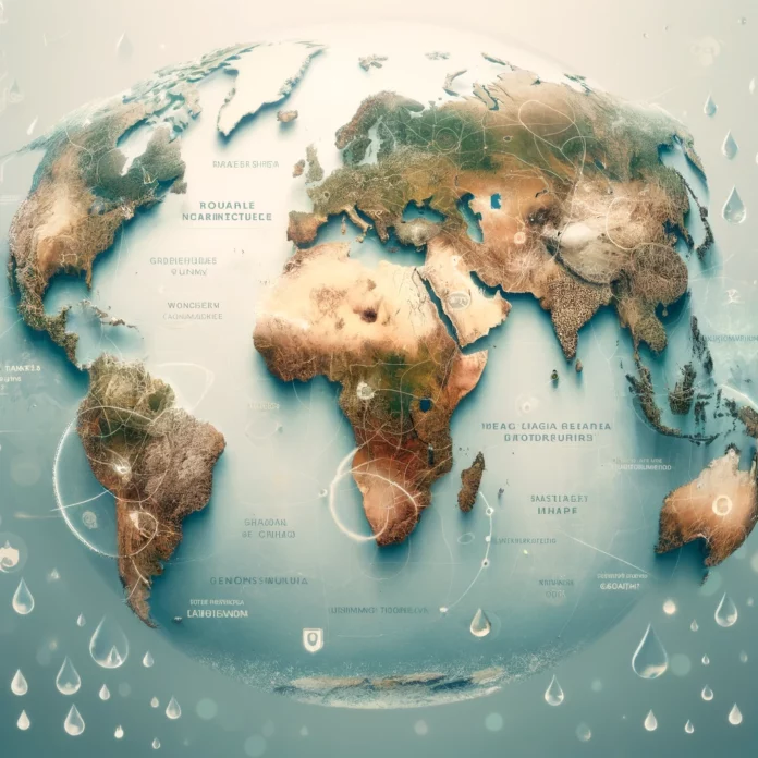 A visual representation of the global water crisis, showing a world map with regions affected by water scarcity. Indicators such as declining water levels, drought-affected crops, and water infrastructure are highlighted.