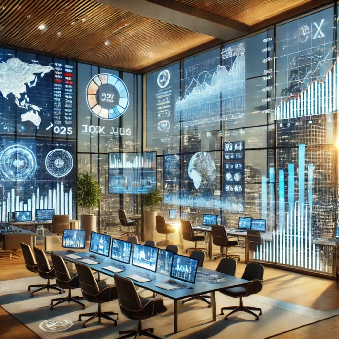 A modern financial office with digital screens displaying market trends, stock charts, and investment portfolios.