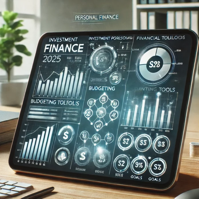 A futuristic banking office with digital screens showing financial data, AI-powered banking tools, and customer services.