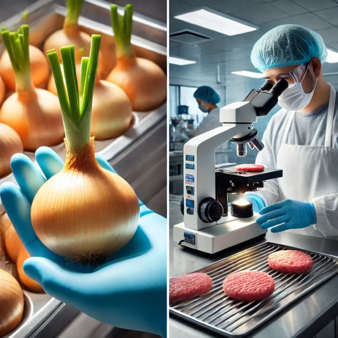 Close-up of onions being examined in a lab, with testing equipment in the background, highlighting the food safety protocols essential to preventing E. coli contamination.