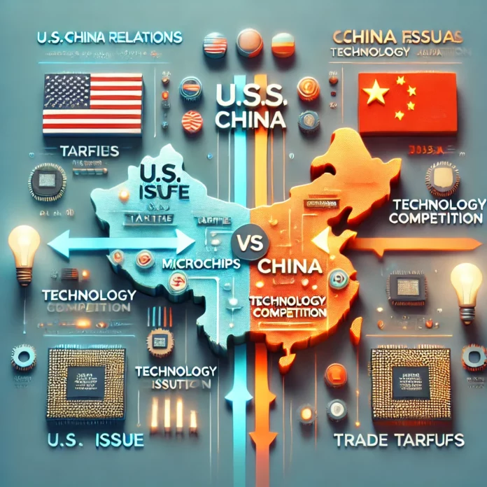 Here is an educational infographic-style image for the article, visually detailing key elements of U.S.-China relations, including trade tariffs, technology competition, and the Taiwan issue. The icons and clear labels are designed to help readers quickly grasp the complexities of these geopolitical tensions.