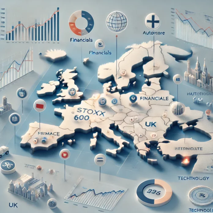 professional infographic for the article on the STOXX 600, featuring a simplified map of Europe highlighting major countries and key sectors like financials, automotive, healthcare, and technology.